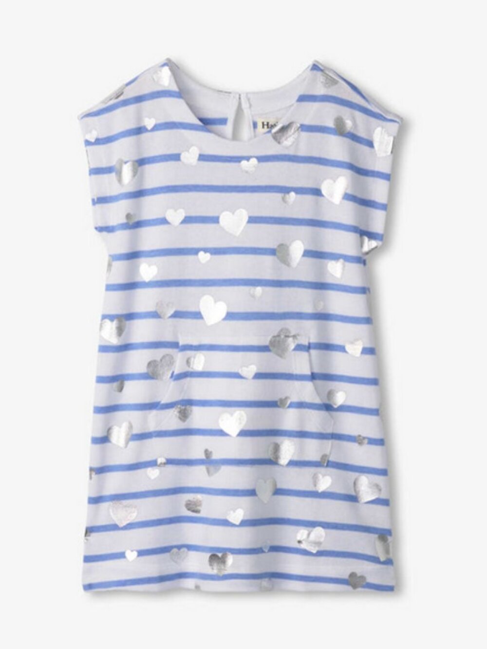 HATLEY Blue and White Girls Silver Heart Striped Kangaroo Pocket Dress 8